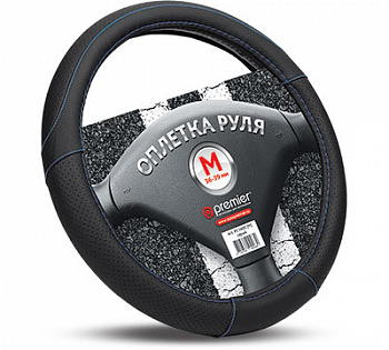 Оплетка руля "M" d37-39см "AUTOPREMIER" кожа PU, перфорир.вставка,черная/синяя нить
