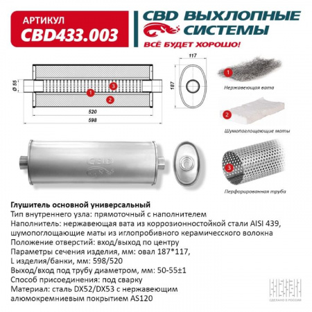 Глушитель основной прямоточный "CBD". Нерж сталь.  Овал D187*117, L598/520 под трубу 50-55мм.