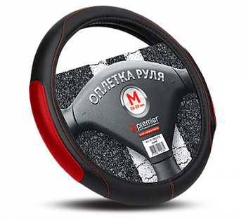 Оплетка руля "M" d37-39см "AUTOPREMIER" кожа PU, перфорир.вставка, чер/красная