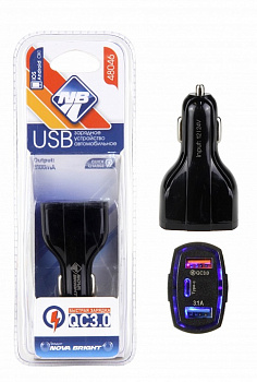 Зарядное устройство "Nova Bright" для моб.устройств, 2 USB порта+Type-C, QC3.0 (функция быстрой зарядки), 3100мА, LED ин