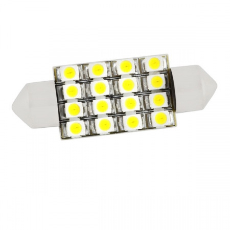 Лампа светодиод Т11 (12-5-2-х цок.салон.,ном.знака) C5W 12V 16 SMD диода 1-конт 39мм Белая SKYWAY Са
