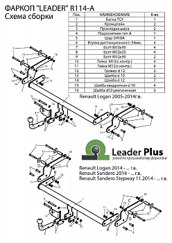 Фаркоп (ТСУ) Renault Logan (05-,14-),Sandero,Stepway (14-) со съемным шаром "Лидер-Плюс" (без эл/пак.)