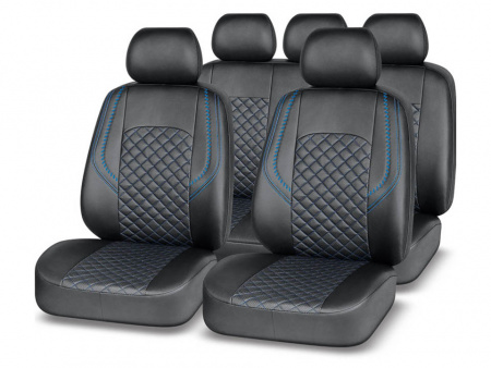 Чехлы а/м унив. "AUTOPREMIER" "GRAND" чёрный/синяя нить, экокожа, SRS AIRBAG, карман, 5 мм поролон, 6 молний, 11 предмет