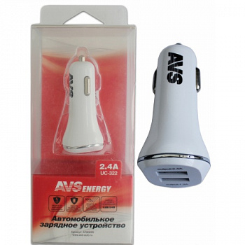 Адаптер автомобильный на 2 USB "AVS" 1.2А+1.2А  в прикуриватель 12/24В UC-322