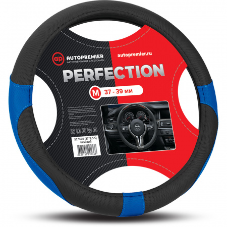 Оплетка руля "M" d37-39см "AUTOPREMIER" кожа PU, перфорир.вставка,  чер/синяя