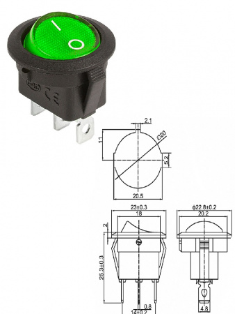 Клавиша 12V 20A (3с) ON-OFF зеленый с подсветкой, круглый, REXANT