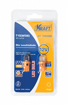 Лампа светодиод Т10 (12-5 габариты б/цок.) W5W 12V желтая "KRAFT" к-т 2шт