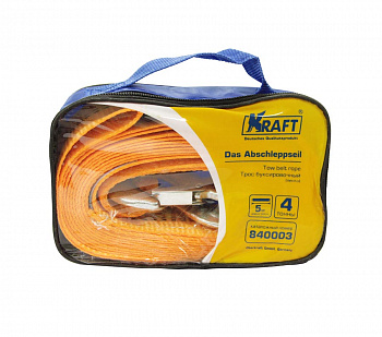 Трос буксировочный лента  4т (5м) "KRAFT" 2 крюка,в сумке на молнии