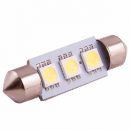 Лампа светодиод Т11 (12-5-2-х цок.салон.,ном.знака) C5W 12V 3 SMD диода 1-конт 39мм Белая SKYWAY Cал