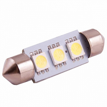 Лампа светодиод Т11 (12-5-2-х цок.салон.,ном.знака) C5W 12V 3 SMD диода 1-конт 39мм Белая SKYWAY Cал