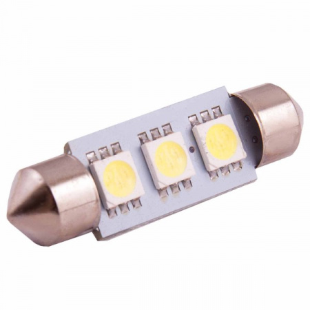 Лампа светодиод Т11 (12-5-2-х цок.салон.,ном.знака) C5W 12V 3 SMD диода 1-конт 39мм Белая SKYWAY Cал