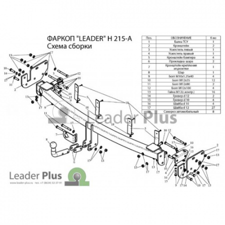 Фаркоп (ТСУ) Kia Sorento (09-12), Hyundai SantaFe (06-12) со съем. шаром "Лидер-Плюс" (без эл/пак.)