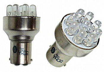 Лампа светодиод S25 (12-21-5-2 конт.) P21/5W 12V белая со смещ. цоколем (9LED диодов) "YADA"