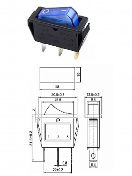 Клавиша 250V 15А ON-OFF (3с) синий с подсветкой, REXANT