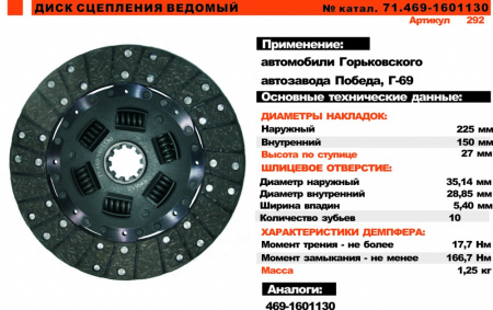 Диск сцепления Г-69,Победа,УАЗ дв.ЗМЗ-402 "Триал" (б/асб.)