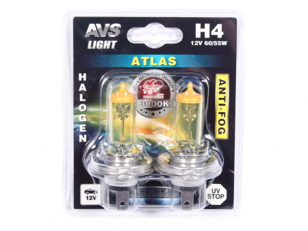Лампа галоген H4  12/60/55W P43t "AVS" ATLAS ANTI-FOG желтый (блистер 2шт.)