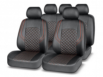 Чехлы а/м унив. "AUTOPREMIER" "GRAND" чёрный/красная нить, экокожа, SRS AIRBAG, карман, 5 мм поролон, 6 молний, 11 предм