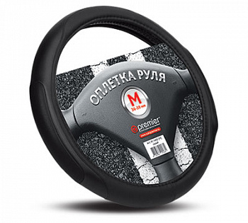Оплетка руля "M" d37-39см "AUTOPREMIER" кожа PU, перфорир.вставка, чер/серая