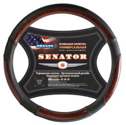 Оплетка руля "M" d37-39см "SENATOR Oregon" кожаная, черная, вставки под дерево