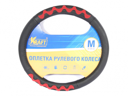 Оплетка руля "M" d37-39 см "KRAFT"  эко-кожа с резиновыми вставками , черно-красная