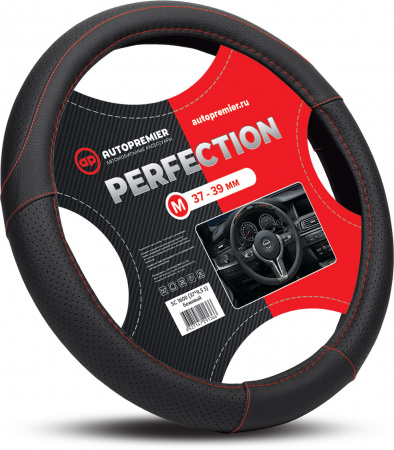 Оплетка руля "M" d37-39см "AUTOPREMIER" кожа PU, перфорир.вставка,черная/красная нить