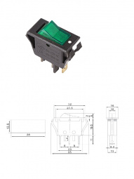 Клавиша 250V 15А ON-OFF (3с) зеленый с подсветкой, REXANT
