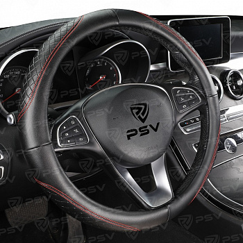 Оплетка руля "M" d37-39см "PSV" CORRECT (Черный/Отстрочка красная) M, экокожа