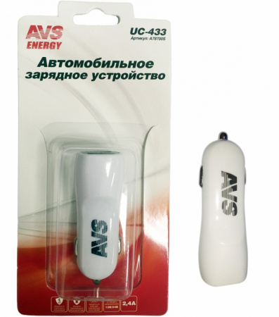 Адаптер автомобильный на 2 USB "AVS" 1.2А+1.2А  в прикуриватель 12/24В UC-433