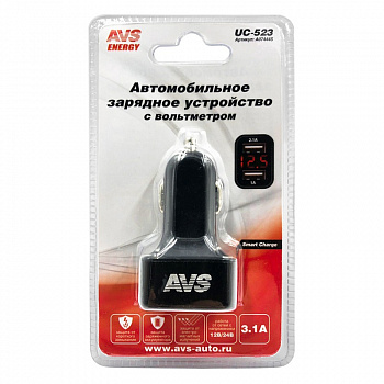 Адаптер автомобильный на 2 USB "AVS" 1.0А+2.1А  в прикуриватель 12/24В с вольтметром UC-523