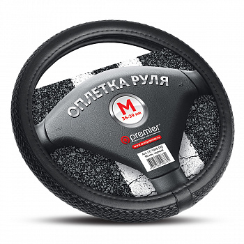Оплетка руля "M" d37-39см "AUTOPREMIER" натурал. кожа, плетенка, черная