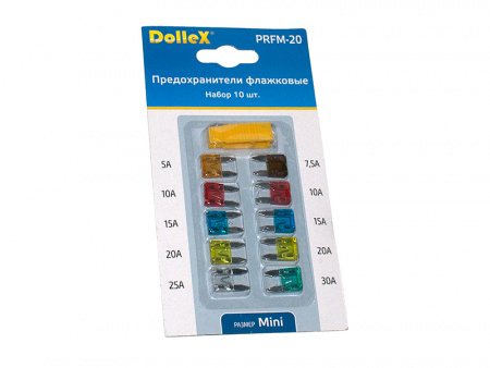 Предохранители плоские мини "DOLLEX" 1х5А+1х7,5А+2х10А+2х15А+2х20А+1х25А+1х30А=10шт. с пинцетом
