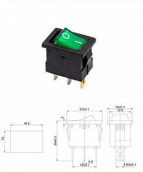 Клавиша 12V 15A (3с) ON-OFF зеленый с подсветкой, Mini, REXANT