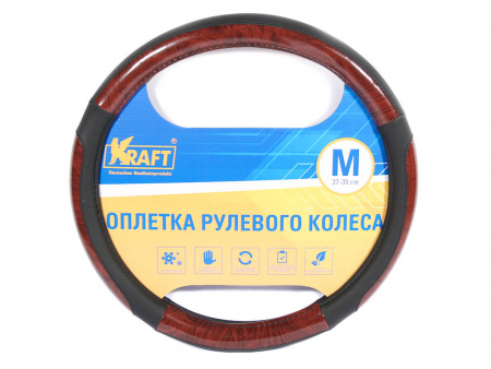 Оплетка руля "M" d37-39 см "KRAFT"  эко-кожа с виниловыми вставками, дерево