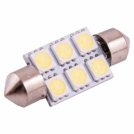 Лампа светодиод Т11 (12-5-2-х цок.салон.,ном.знака) C5W 12V 6 SMD диодов 1-конт 36мм Белая SKYWAY Са